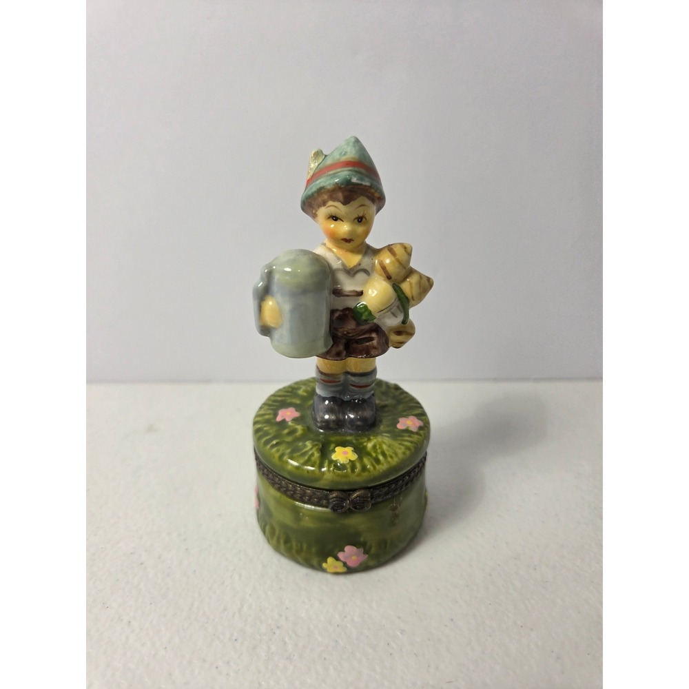 Porcelain Trinket Box Bavarian Boy Lederhosen Beer Stein Limoges Style